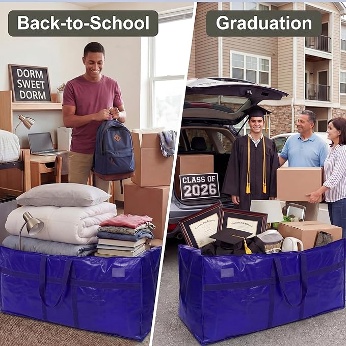 4 Pcs 66 Gallon Extra Large Moving Bags Heavy Duty Storage Bag with Strong Zipper Handle Foldable XXL Jumbo Storage Tote Packing Moving Box for College Dorm Travel Cloth Duffle (Navy Blue)