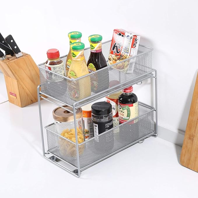 2 Tier Sliding Basket Stackable Cabinet Pull-Out Drawer Mesh Organizer for Kitchen Under Sink Storage (Silver)