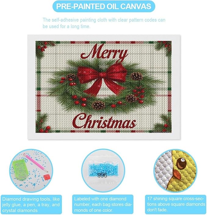 AIVKIEJK Diamond Painting Kits for Adults - Red Bow & Green Leaves Merry Christmas Painting DIY 5D Full Drill Diamond Dots Paintings with Diamonds Gem Art and Crafts Home Decor 8"x12"