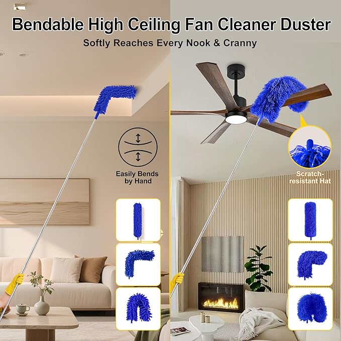 Tiumso Dusters for Cleaning,Microfiber Feather Duster 5-in-1 Kit, Duster with Extension Pole 100 Inches, Cobweb Duster, Microfiber Dusters for High Ceilings and Fans, Blinds and Cars