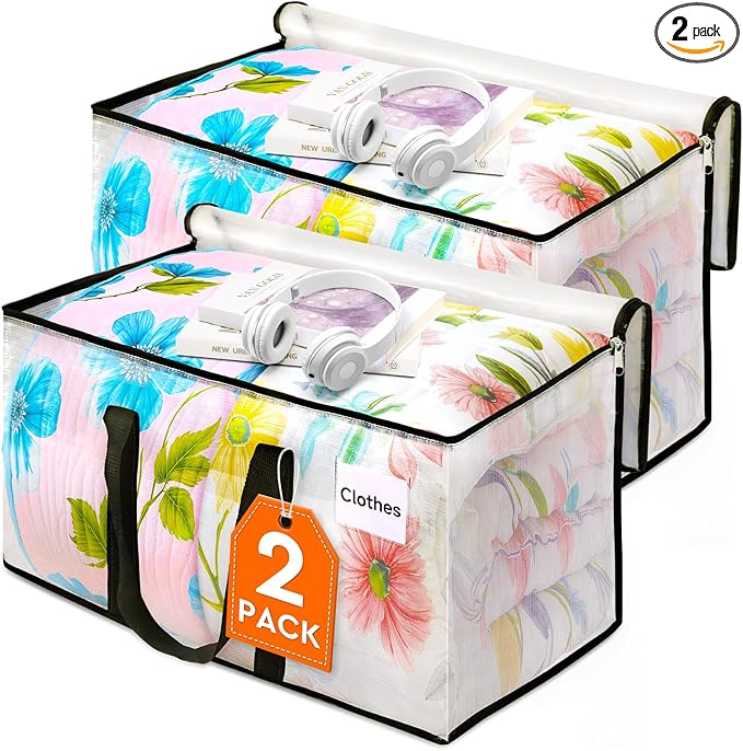 HomeHacks Clear Moving Bags Heavy Duty 2 Pack, Storage Bags with Zipper, Extra Thick Handles & Waterproof Packing Boxes for Moving, Camping, Home Organization 125L/33Gal (28.7"x16.5"x16.1")