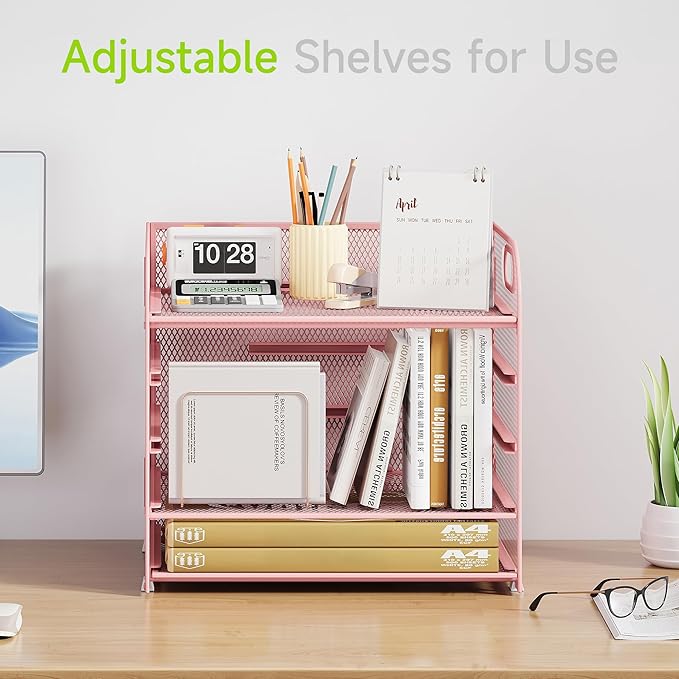 Cawukege 2 Pack 5 Tier Paper Organizer, Letter Tray with Handle, Mesh Desk Organizer, Metal File Organizer, Office Desk Accessories for Home, Office, Classroom, School -Pink