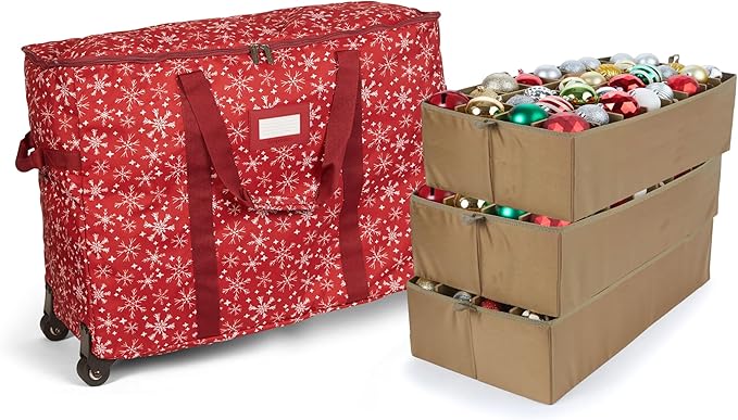 Covermates Keepsakes Rolling Adjustable Ornament Storage Bag – Heavy-Duty Polyester, FlexGrid Trays & Padded Dividers – Protective Holiday Organizer with Wheels, Handles & ID Window, Red Snowflake