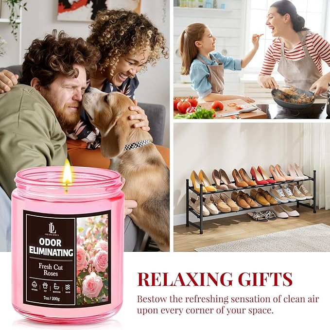 Fresh Cut Roses Odor Eliminating Candle, Romantic Floral Scent for Bedroom & Bathroom, Gently Covers Everyday Odors, Air Freshing Scented Candles, Soy Candle Gifts for Women Men, 7oz