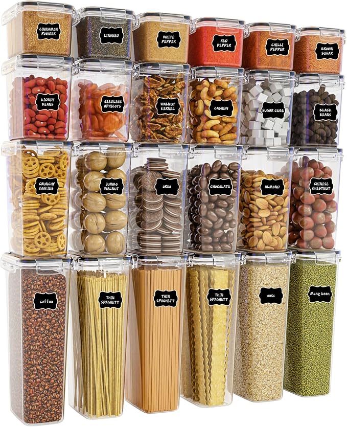 Yieach Air Tight Pantry Storage Containers - 24 PCS With Label - BPA Free Plastic Airtight Food Storage Containers with Lids for Dry Foods,Chip,Grain,Sugar,Flour and Kitchen Cereal Containers Storage