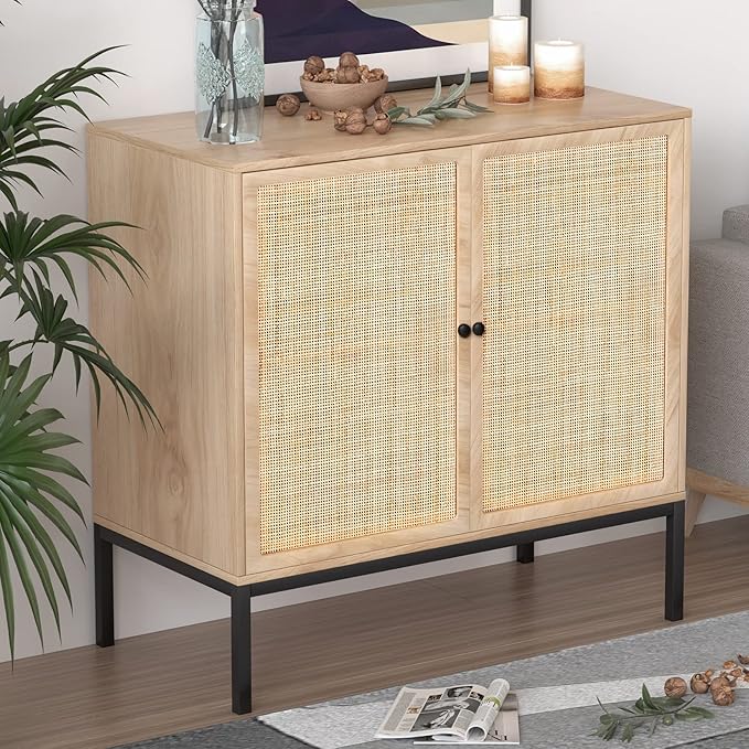 XIAO WEI Sideboard Buffet Cabinet with 2 Natural Rattan Decorated Doors, 31.5" W Accent Rattan Cabinet, Boho Credenza Storage Cabinet, for Living Room Dining Room Hallway, Metal Legs, Natural