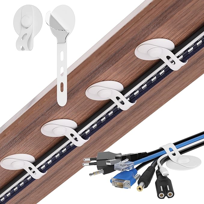 Nearockle Cable Management Under Desk, Adjustable Self-Adhesive Silicone Cable Ties Cord Organizer, Reusable Heavy-Duty Cord Holder Under Table for Office, Home, School (20Pcs-White)