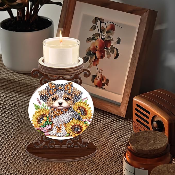 Diamond Art Painting Candlestick Holder kits, Sunflower Puppy DIY shaped crystal Diamond art painting, woodiness Candle holder for AromaRelax & Home Decor, Christmas Halloween Ornaments (Double-Sided)