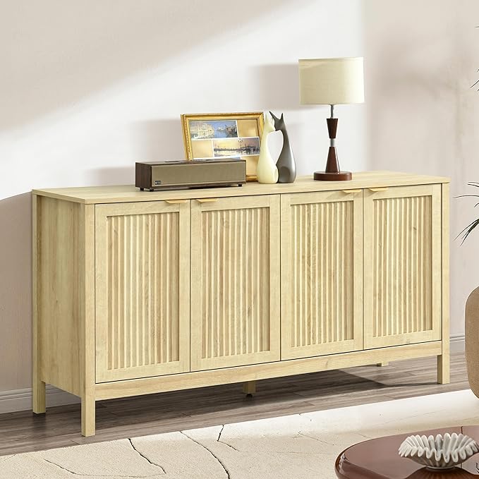 ELISA HOME Lagoon Large Buffet Sideboard Cabinet with Storages, 57.9" Modern Buffet Table Dining Room Cabinet Coffee Bar Storage with 4 Doors for Dining Room, Living Room, Hallway, Oak