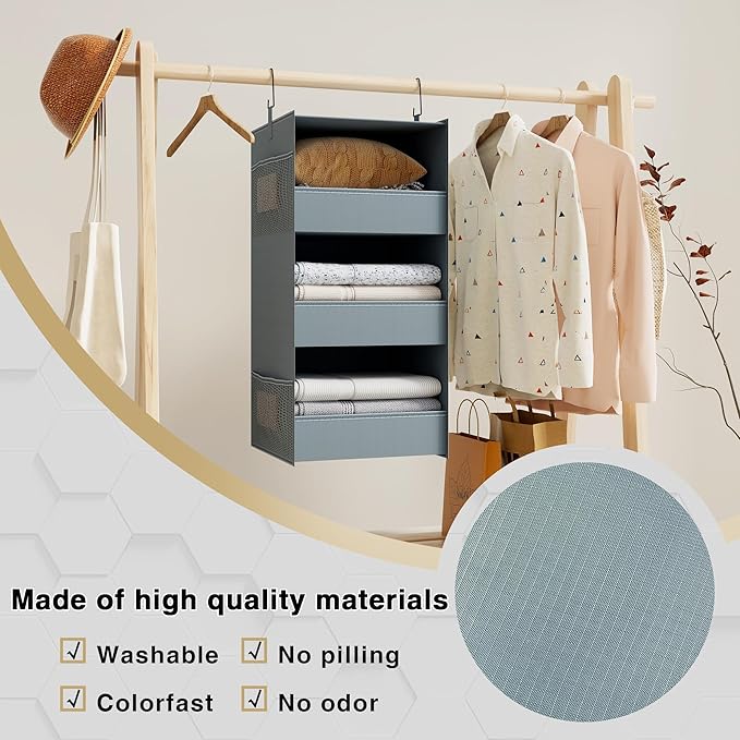 3-Shelf Hanging Closet Organizer and Storage, Foldable Hanging Closet Shelves Front Lip Design Washable Hanging Storage, 28" X 11-3/4" X 11-3/4", Gray