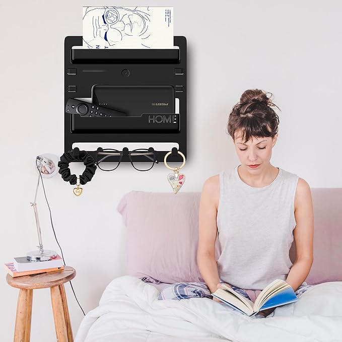 Bedside Shelf Wall Mount,Floating Bedside Adhesive Shelves Accessories,Wall Shelf Organizer and Storage for Bedroom,Camper,Dorm,Apartment-Phone,Earphone,Kindle,Remote Holder,Cable Clip,5 Hooks-Black