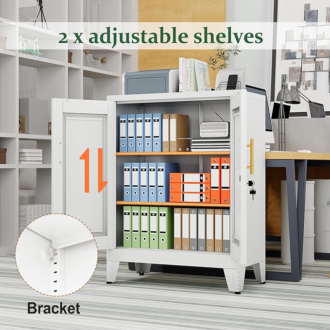 White Metal Storage Cabinet, 36" Tall Locking Storage Cabinet with 2 Adjustable Shelves, Steel Locker Organizer, for Office, Home, School, 2PS