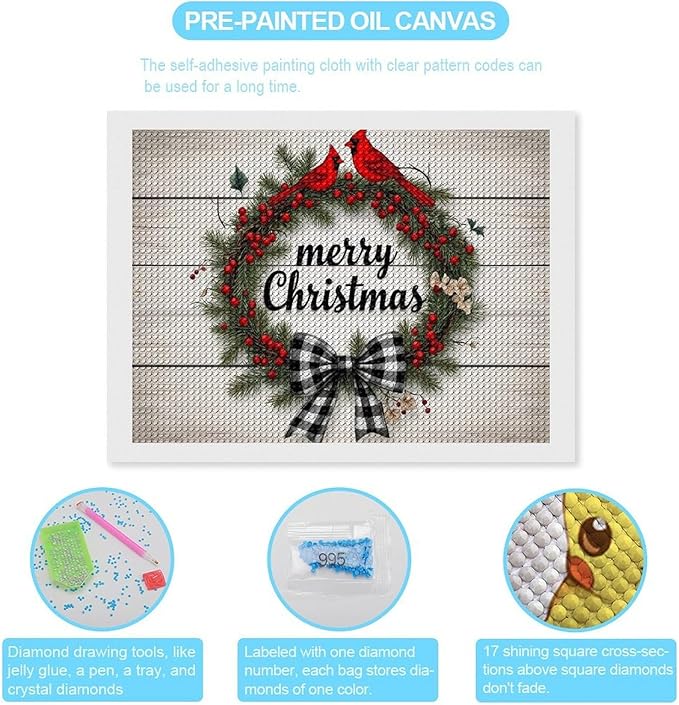 AIVKIEJK Diamond Painting Kits for Adults - Christmas Red Cardinal Birds Wreath Painting DIY 5D Full Drill Diamond Dots Paintings with Diamonds Gem Art and Crafts Home Decor 12"x16"