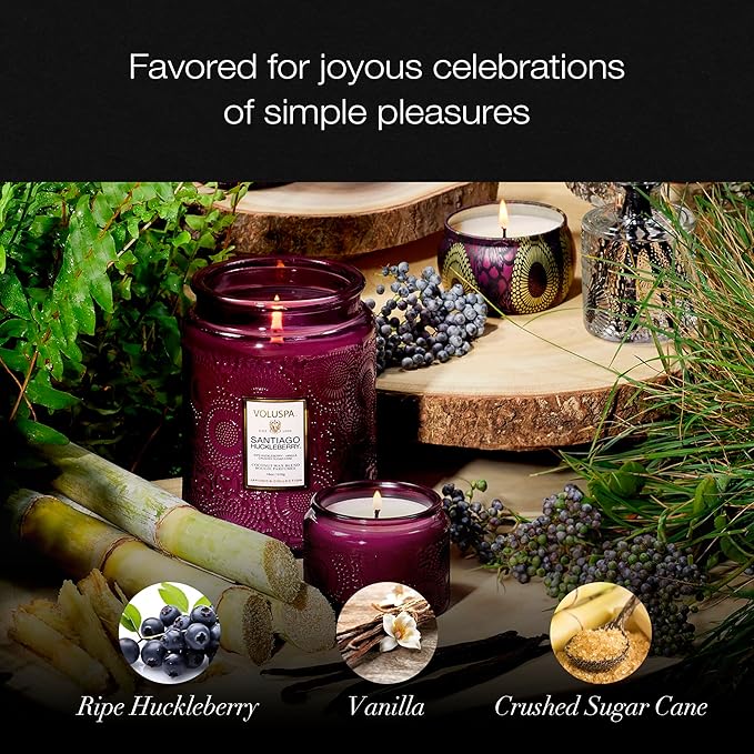Voluspa Santiago Huckleberry, Large Candle Jar, 18 oz, 100 Hour Burn Time, All Natural Wicks and Coconut Wax for Clean Burning, Vegan, Poured in The USA