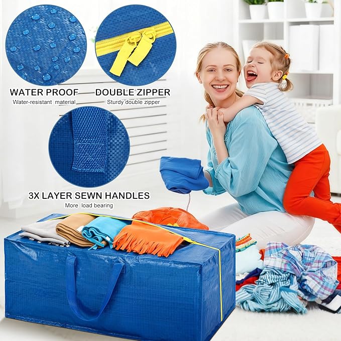 4 Pack Extra Large Moving Bags with Backpack Straps Heavy Duty Storage Bags with Handles Strong Zippers Space Saving Heavy Duty Storage Tote Alternative to Moving Boxes and Bins, Blue