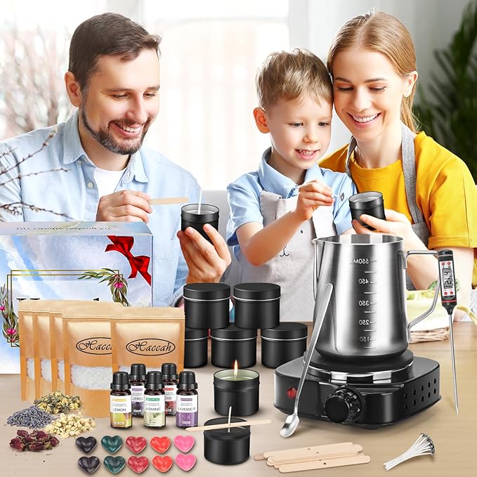 Complete Candle Making Kit with Wax Melter, Making Supplies,DIY Arts&Crafts Gift for Kids,Beginners,Adults,Including Electronic Stove,Wicks,Rich Scents,Dyes,Melting Pot,Candle tins, Dried Flower