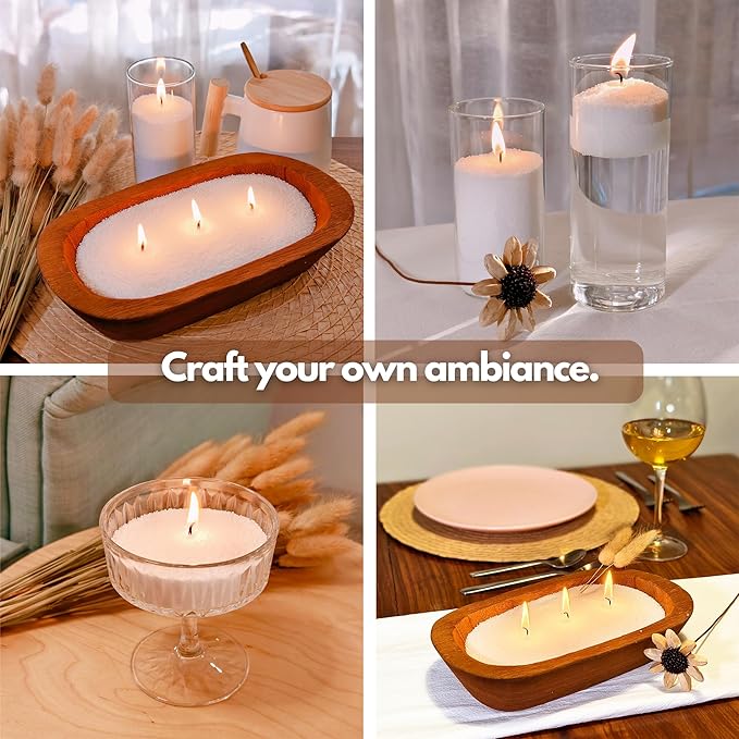 Fovara - Pearled Sand Candles with Wicks, 3.3 lbs - Sand Wax Candle Kit: Wooden Dough Bowl,50 Wicks, Jasmine & Lavender Scented Oil - Long-Lasting Candle Beads, Non-Toxic, Reusable Candles - White
