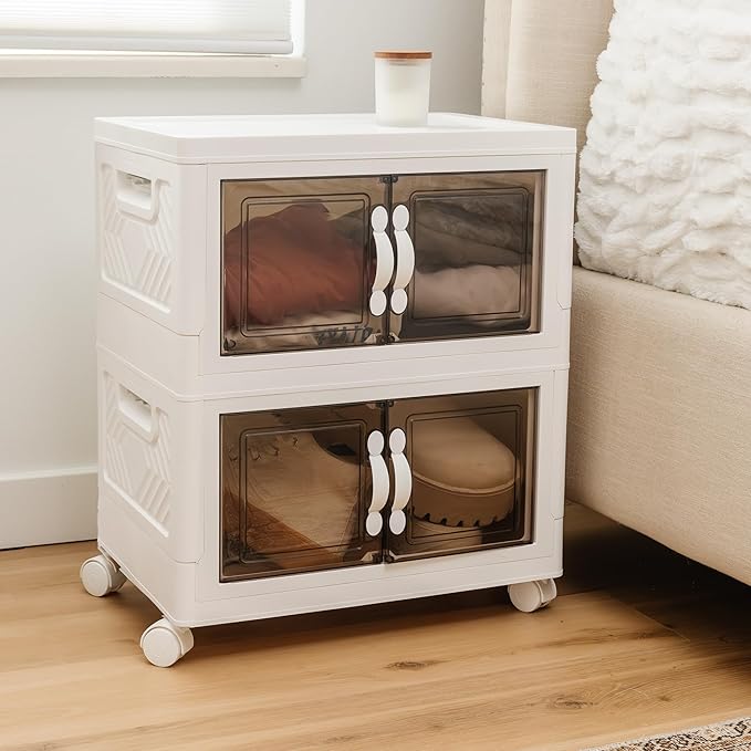 DALMAN 26QT Stackable Storage Bins with Lids -2 Tier Wheeled Shelf Organizer Plastic Containers with Lids – Multipurpose Storage and Organization Shelving Unit with Magnetic Closure