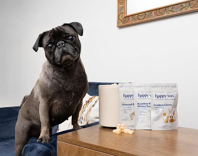 Happy Wax Pet Scents Mix Premium Scented, Non Toxic, Pet Safe, Odor Eliminating, Dye-Free Soy Wax Melts – 6 Total Oz: Almond Blossom for Dogs, Bamboo & White Tea for Cats and Golden Citrus for Pets