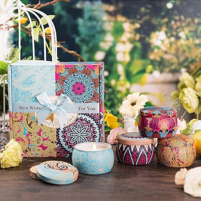Candles Gift Set for Women, 4 Pack Scented Candles with 8% Essential Oils, 120H Long Lasting Aromatherapy Candles for Home Relaxation