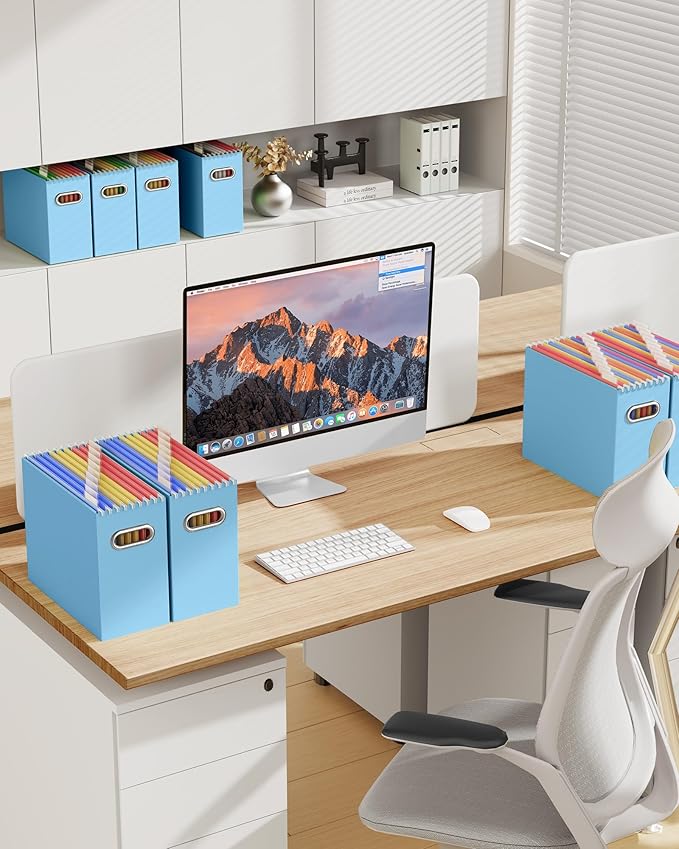 Oterri File Organizer Box, Portable Collapsible Cardboard File Folder Organizer with Handle for Letter Size Hanging Files, Document Storage Box for Home Office & Classroom (2 Packs, Blue)