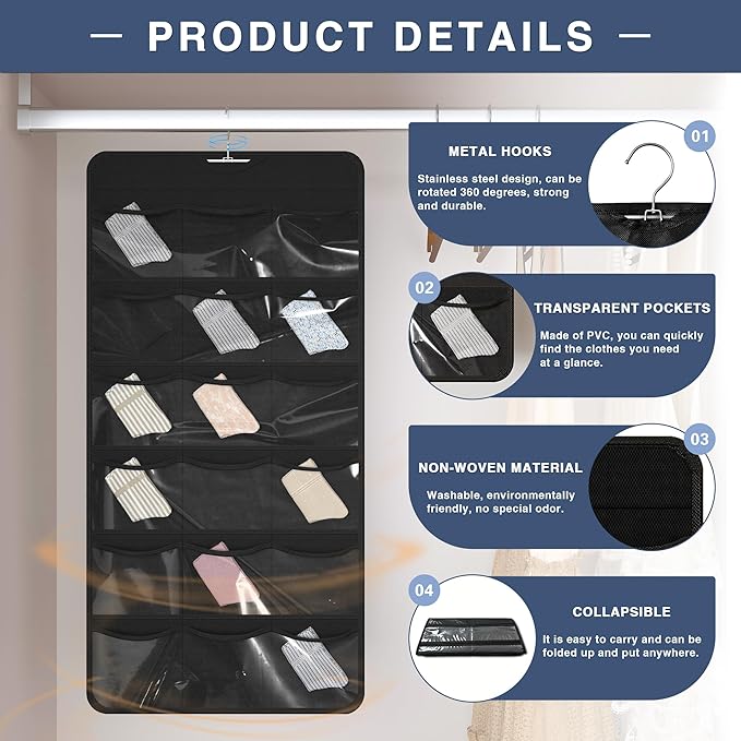 27-Pocket Hanging Organizer for Socks, Underwear, Bras, and Leggings, Dual-Sided Closet Storage for Lingerie and Kids’ Clothing, Black