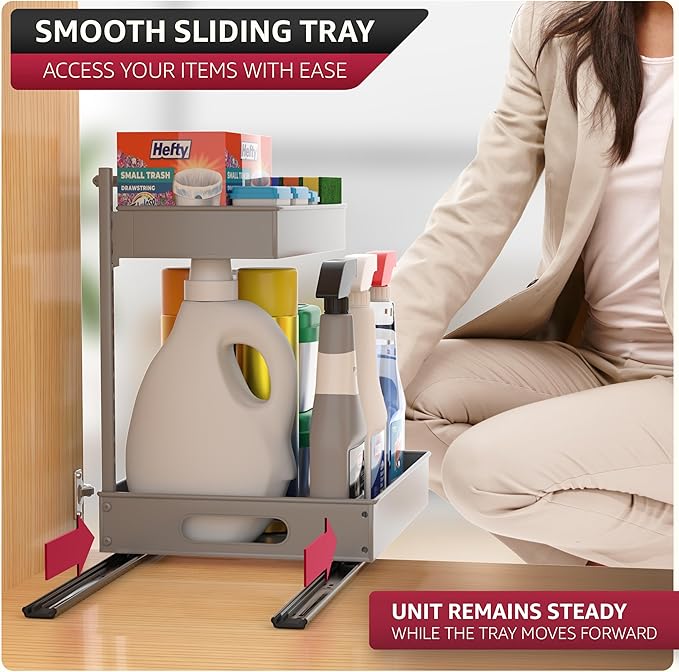 Sorbus Under Sink Organizer with Sliding Tracks – Pull Out Cabinet Organizer with Drawer & Installation Rails – Under Cabinet Bathroom Storage Organizer for Kitchen, Pantry, or Vanity –Silver 1 Pack