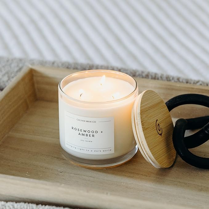 Calyan Wax Co. Rosewood & Amber 3 Wick Scented Candle - 43 Hour Burn - Luxury 3 Wick Soy Candles - Non Toxic Soy Wax Candles - Long Lasting Large Glass Jar Candle for Home - 14.9oz