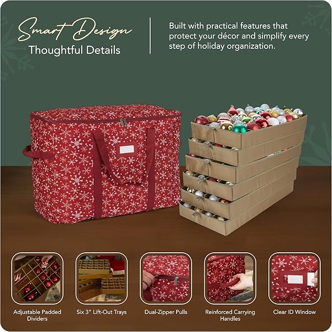 Covermates Keepsakes Adjustable Ornament Storage Bag – Heavy-Duty Polyester, Padded Dividers & FlexGrid Trays – Protective Holiday Ornament Organizer with Handles & Label Window, Red Snowflake
