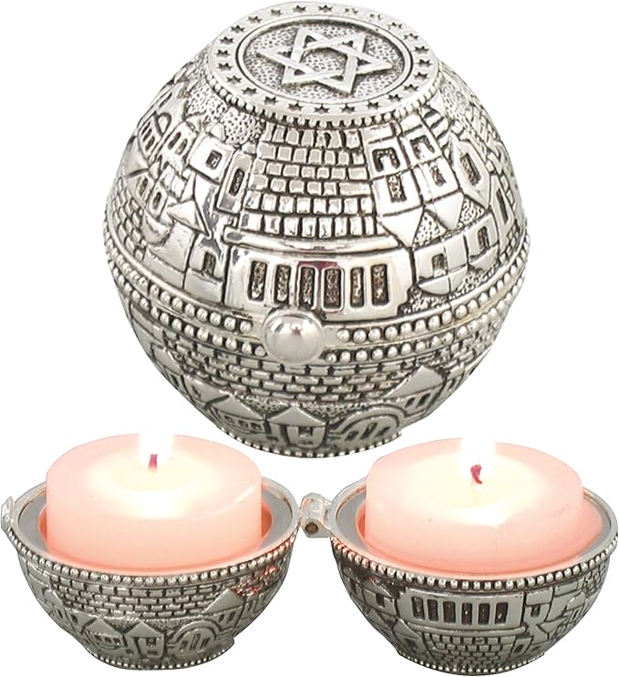 Jewish Shabbat Metal Travel Candle Holders - Jerusalem Candlesticks, Travel Size Candlesticks in A Box with Cover 2 Inches