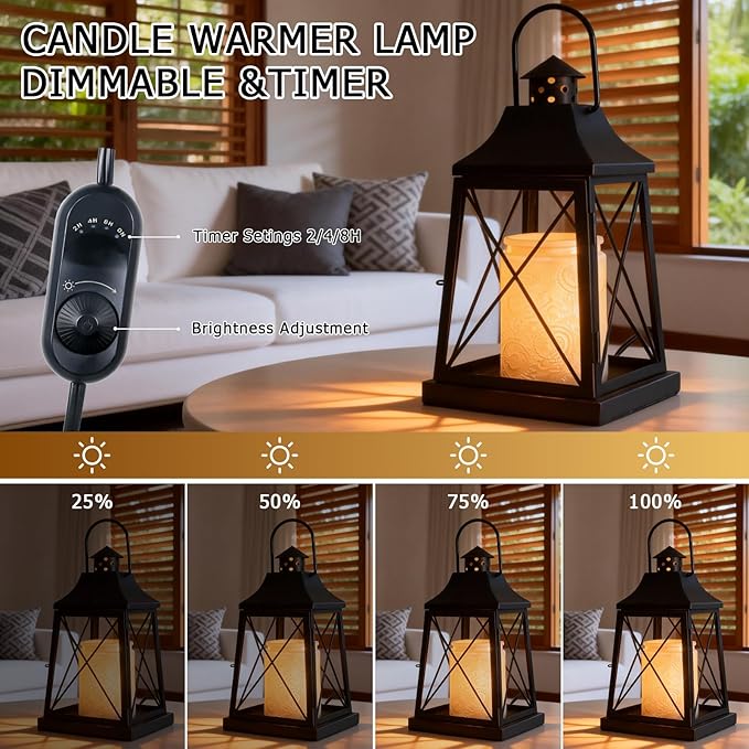 2026 New Candle Warmer Lamp with Timer,Compatible with 3 Wick Candles Jars,Vintage Candle Warmer Lantern Lamp,Dimmable Farmhouse Candle Lamp Warmer,Fully Enclosed and Hanging Up Designed