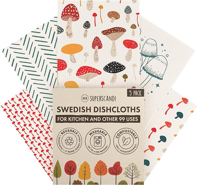 SUPERSCANDI 5 Pack Swedish Dishcloths for Kitchen - 100% Biodegradable & Compostable | Reusable Paper Towels Washable, Food-Safe & Without Plastic - Dish Rags Suitable for Any Surface | Mushroom