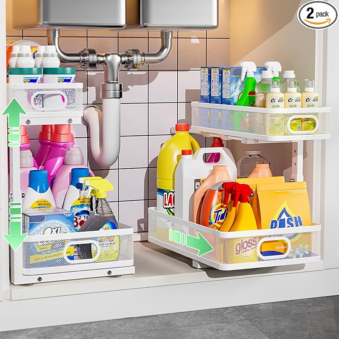 Under Sink Organizer 2 Pack, High Adjustable 2 Tier Under Sink Organizers and Storage, Slide out Metal Cabinet Organizers, Pull out Storage Drawer Shelf for Kitchen Bathroom Cabinet