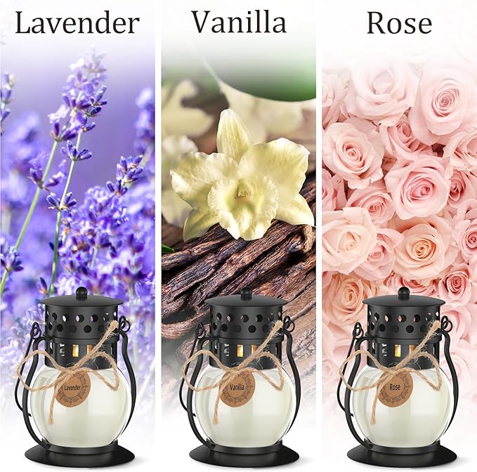 Scented Candles for Home, 3 Pack Retro Lantern Aromatherapy Candles for Home Scented, Lavender Candles Set, Soy Jar Candle Gifts for Women Men (Vanilla, Rose, Lavender)