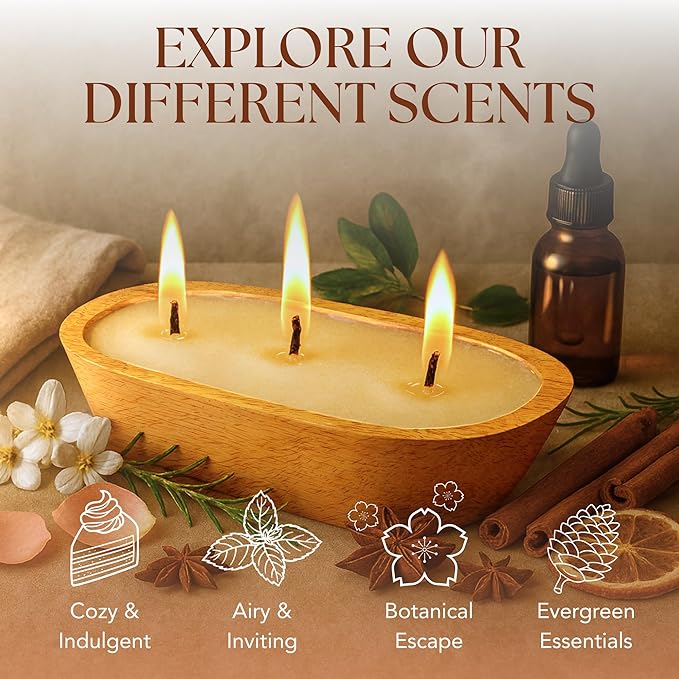 Dough Bowl Candle Co. Lavender Soy Candle - 3 Wick Rustic Farmhouse Decor Odor Eliminator in Wooden Bowls, 20 Ounce Wooden Dough Bowl Candle, All-Natural Gifts for Women and Men, Coffee Table Decor