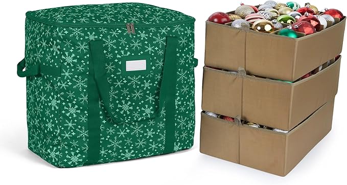 Covermates Keepsakes Adjustable Ornament Storage Bag – Heavy-Duty Polyester, Padded Dividers & FlexGrid Trays – Protective Holiday Ornament Organizer with Handles & Label Window, Green Snowflake