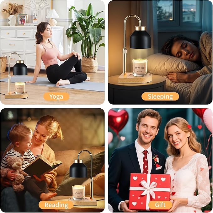 Candle Warmer Lamp with Timer and Dimmer, Height Adjustable Wax Melt Warmer for Jar Candles, Modern Retro Black Glass Shade with Wood Base, Aesthetic Home Decor, Birthday Gifts for Women Mom
