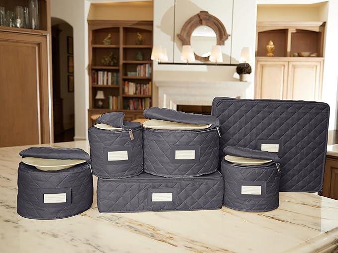 Covermates Keepsakes Dish Storage Set – Padded China & Dinnerware Storage Cases with Dividers, Cup & Stemware Storage, Quilted Polyester Protection, ID Window, Slate