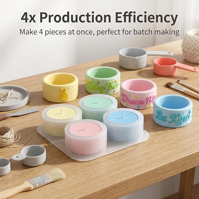 4-Cavity Silicone Candle Mold, Embossed Candle Holder Mold with English Words, Hand Gestures & Polka Dots for DIY Pillar Candles, Resin, Soap, Plaster - Make Elegant Home Decor（5524）