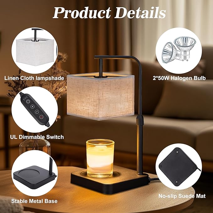 MOAFINA Candle Warmer Lamp with Timer & Dimmable, Height Adjustable Wax Warmer with Linen Shade & 2 Extra Bulbs, Flameless Candle Melter for Jar Candles, Gifts & Bedroom Decor