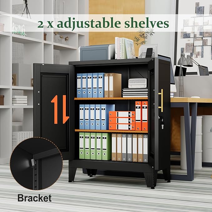 Black Metal Storage Cabinet, 36" Tall Locking Storage Cabinet with 2 Adjustable Shelves, Steel Locker Organizer, for Office, Home, School, 2PS