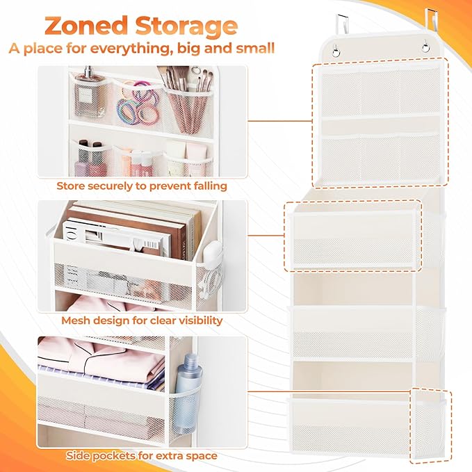 5-Tier Over the Door Organizer with Mesh Pockets, Baby Nursery Storage for Closet, Bathroom and Bedroom, Adjustable Hanging Closet Organizer for Cosmetics, Books and Essentials (Beige)