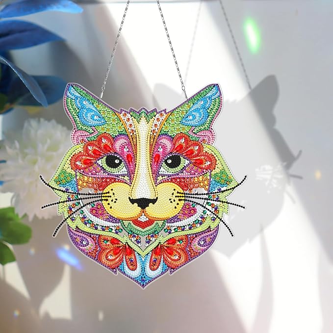 Colorful Leopard Head Diamond Art Hanging Pendant with LED Light String DIY 5D Panther Diamond Art Painting Wreath Hanging Sign Special Shape Beads by Number Stitch Kits for Home Wall Room Door Decor