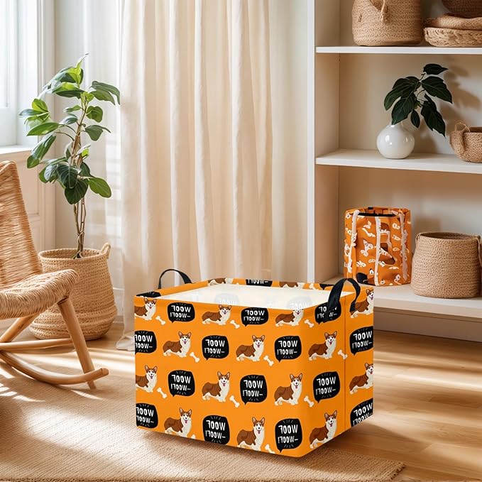 Woof Dog Basket Storage Bin for Chew Toys Pet Supplies & Pet Organizer Dog room decor (Orange)