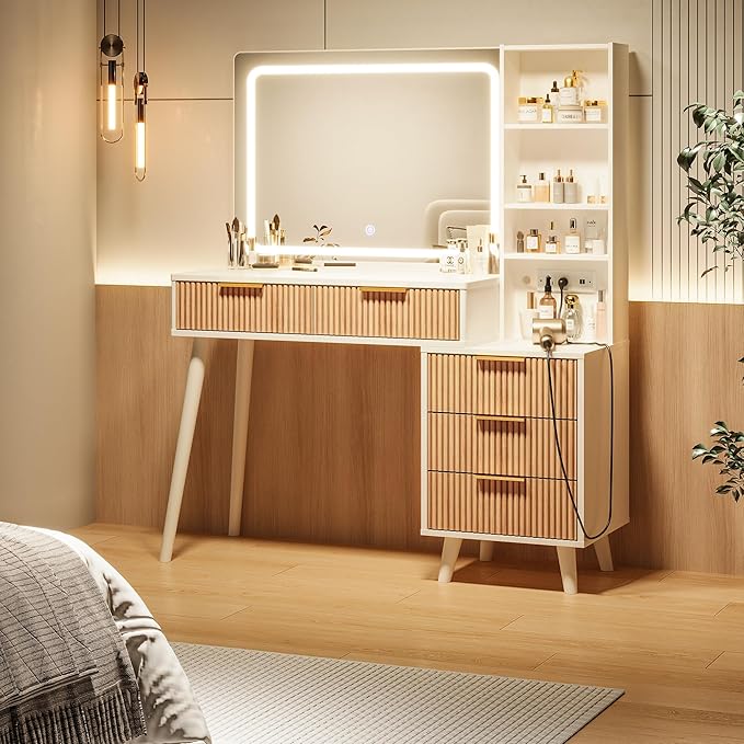 Vanity Desk with Mirror and Lights, Makeup Vanity Desk with Power Outlet, Makeup Desk with 5 Drawers Storage Shelves, Vanity Table 3 Color Modes Adjustable Brightness Dressing Table Set for Bedroom