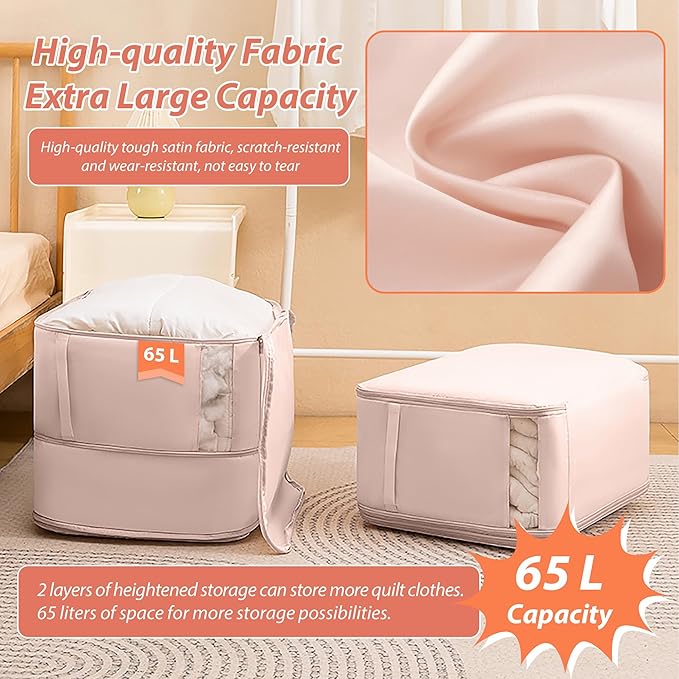 Veki Comforter Storage Bag, Space Saving Self Compression Foldable Blanket Storage Bags, Closet Organizer With Handle and VisualiZation Window, Large Capacity 130L for Bedding, Clothes (Pink, L)