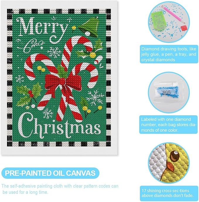 AIVKIEJK Diamond Painting Kits for Adults - Festive Merry Christmas Red Bow, Candy Cane & Bell Painting DIY 5D Full Drill Diamond Dots Paintings with Diamonds Gem Art and Crafts Home Decor 12"x16"