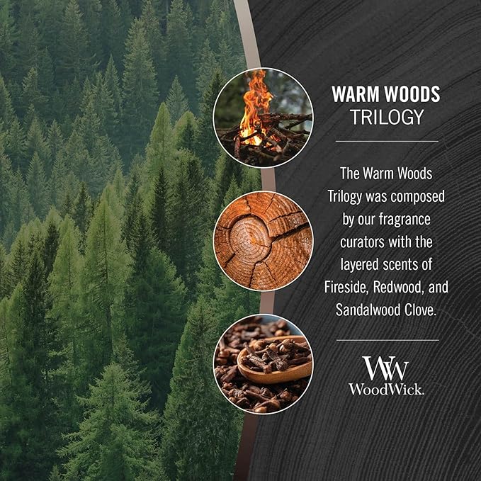 WoodWick Warm Woods Trilogy Holiday Candle Gifts for Women and Men, 16 oz Ellipse Trilogy Candle with Crackling Wick