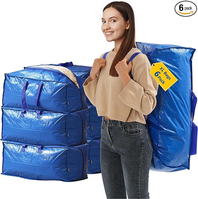 AXIESO Extra Large Moving Bags - 6-Pack Heavy Duty Storage Duffel - Sturdy Backpack Straps Handles, Zippers - Reusable Moving Storage Bags for Clothes - Folding Collapsible Storage Tote Bag Set – Blue