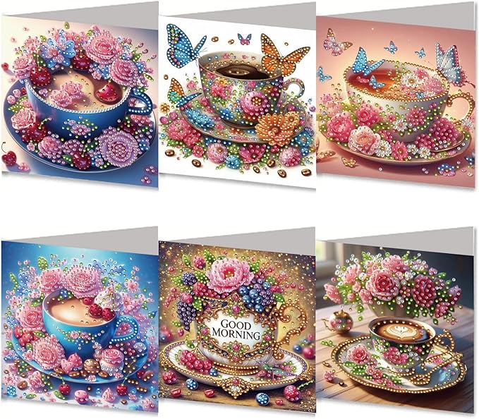 DoxQcs 5D Diamond Art Painting Greeting Cards Kit, DIY Cards for Blessings Congratulations Gifts, Greeting Card Set for Birthday Thanksgiving Day Christmas Halloween-Morning Tea